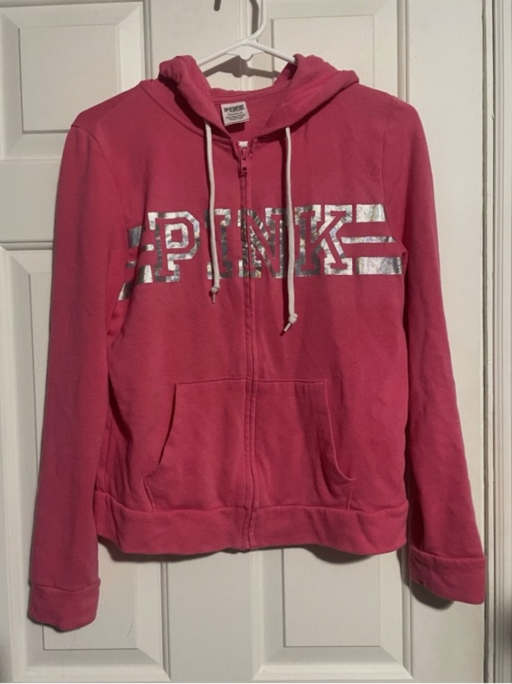 PINK Victoria's Secret Girls' Bright Pink Zip-Up Hoodie with Silver Logo